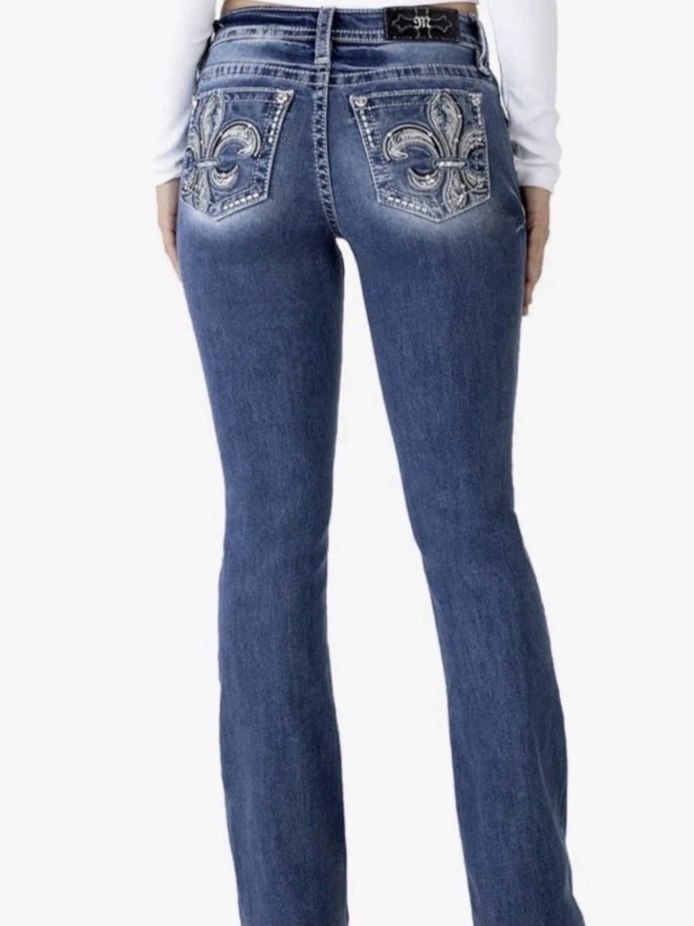 MISS ME WOMEN'S LOW RISE BOOT CUT RHINESTONE POCKET BLUE DENIM JEANS 31